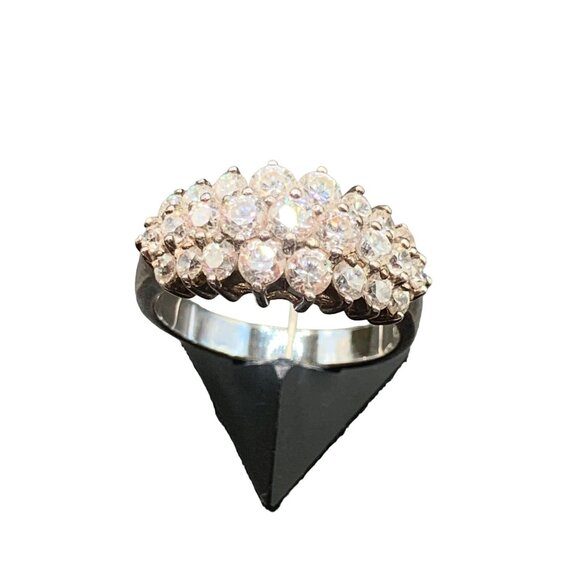 Clear Sparkly Gemstones Ring Size 8 Sterling Silver Cz Stones 925 Triple Row - Picture 1 of 8